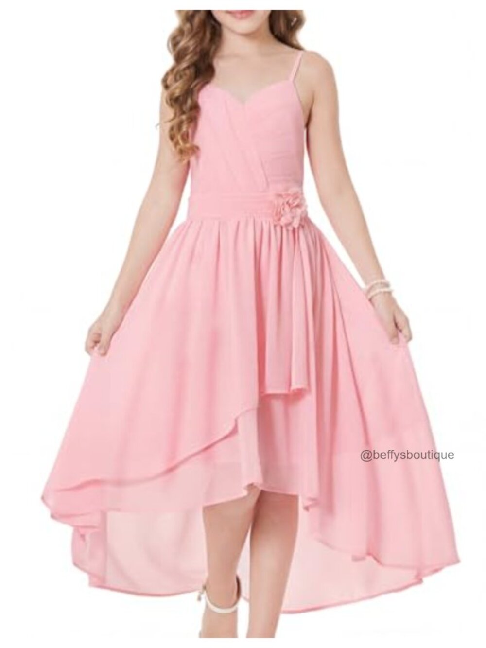Girls Chiffon High Low Party Dress Smocked Back Tie Waist Sleeveless